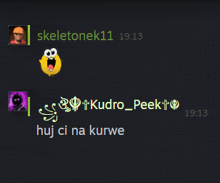 a screenshot of a conversation between skeletonek11 and kudro_peek10