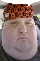 a man wearing an orange bandana with the letter bb on it