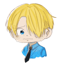 a drawing of a boy with blonde hair and blue eyes crying