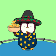 a penguin wearing a sombrero holds a bowl of chips