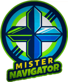 a logo for mister navigator with a blue and green cross