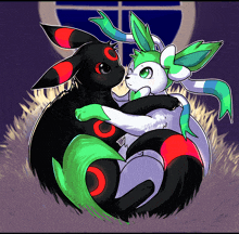 a drawing of a black pokemon and a green pokemon hugging each other