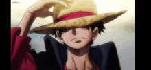 a man wearing a straw hat with a red ribbon looks at the camera