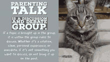 a cat sits on a couch next to a parenting talk sign