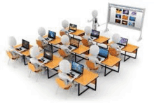 a group of 3d people are sitting at desks in a classroom using laptops .