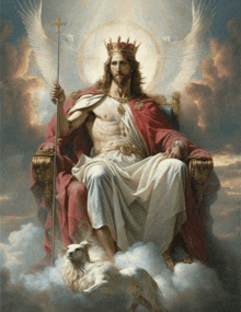 a painting of jesus sitting on a throne with a crown on his head