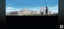 a couple of people standing in front of a large building with a watermark that says ' tokyo ghoul ' on it