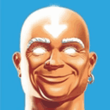 a bald man with a white arrow on his head is smiling .