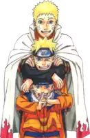 a drawing of three naruto characters with one wearing a white cape with flames on the sleeves