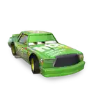 a green toy car from cars is sitting on a white surface .