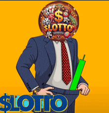 a man in a suit and tie with a balloon in his head that says lotto memecoin