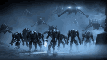 a group of robotic soldiers are standing in a line in a dark room