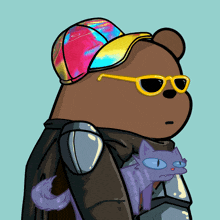 a cartoon bear wearing a hat and sunglasses holds a purple cat