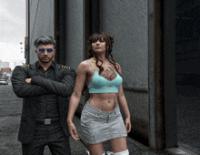 a man and a woman are standing next to each other in front of a building