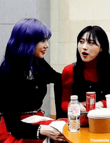 two women are sitting at a table with bottles of water . one of the women has purple hair .