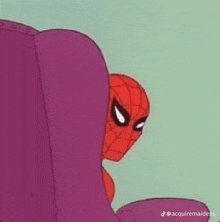 a cartoon of spider-man peeking out from behind a chair .