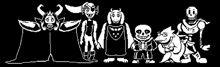 a group of undertale characters are standing next to each other in a black and white pixel art .