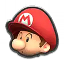 a close up of a cartoon character 's head wearing a red hat with a m on it .