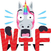 a unicorn with a rainbow horn is holding the word wtf in its mouth