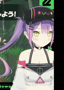 a girl with purple hair is wearing a black hat with a cat ear on it