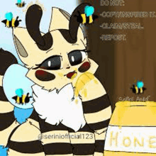 a cat dressed as a bee is eating honey .