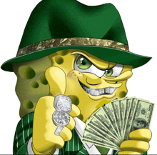 a cartoon of spongebob wearing a green hat and holding a fan of money