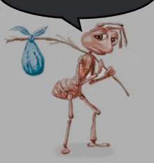 a cartoon drawing of an ant carrying a blue bag