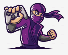 a ninja is holding a video game controller in his right hand