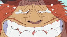 a close up of a cartoon character 's face with tears coming out of it .