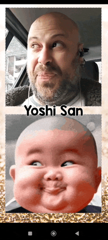 a picture of a man and a baby with the name yoshi san on the bottom