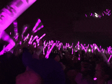 a crowd of people are holding up purple glowing sticks and a sign that says ' a ' on it