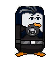 a pixel art of a penguin wearing a gas mask and a belt