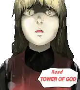 a girl is holding a sign that says " read tower of god "