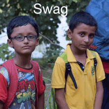 two young boys are standing next to each other and the word swag is on the bottom