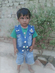 a young boy wearing a denim vest and shorts stands in front of a plant