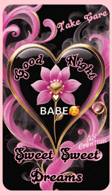 a heart with a pink flower inside of it and the words good night babe sweet sweet dreams