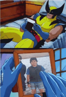 a cartoon of wolverine reading a book next to a picture of a man