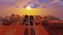 a couple of minecraft characters standing on a wooden deck with the sun setting in the background