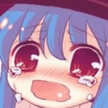 a close up of a crying anime girl with blue hair and red eyes .