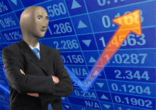 a man in a suit and tie stands in front of a stock chart with a red arrow pointing up