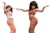 two women are dancing on a white background one is wearing a hat