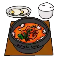 a drawing of a bowl of kimchi soup next to a plate of eggs and a bowl of rice