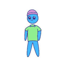 a blue cartoon character wearing a green shirt and a pink hat is standing .