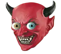 a red devil mask with horns and googly eyes