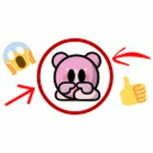 a pink teddy bear is in a red circle surrounded by emojis and a thumbs up .