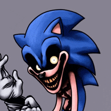 a cartoon of a scary sonic the hedgehog with a big smile on his face and gloves .