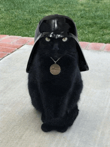 a black cat wearing a darth vader helmet and a medal around its neck