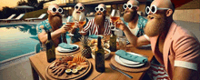 a group of bearded men are sitting at a table drinking wine and eating food .