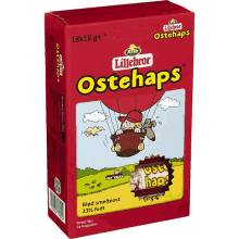 a box of littlebror ostehaps with a cartoon of a boy flying in a hot air balloon