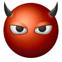 a red devil smiley face with horns and evil eyes